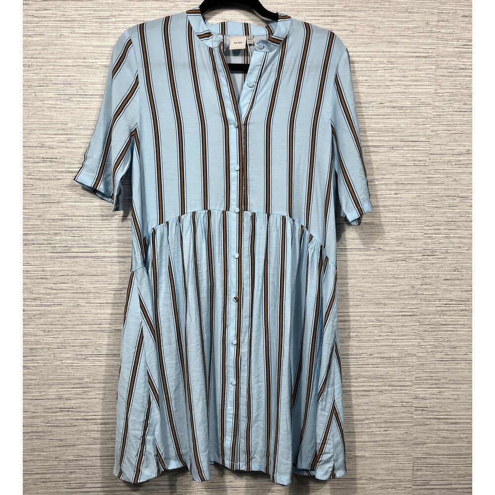 Ichi Hayden Shirt Dress Is A Light Blue, Beige, And Black Striped / Size-XSmall